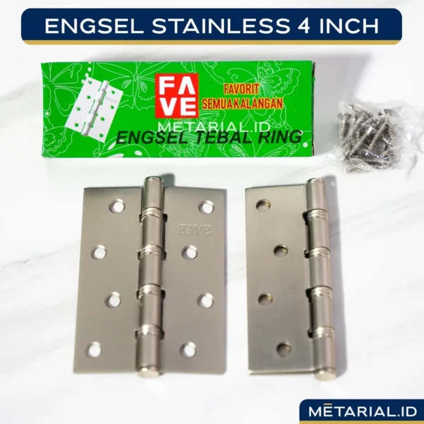 Engsel Tebal Bearing Stainless 4" Inch FAVE | Pintu Jendela Silver Stenlis Anti Karat (LAHAR KUAT)